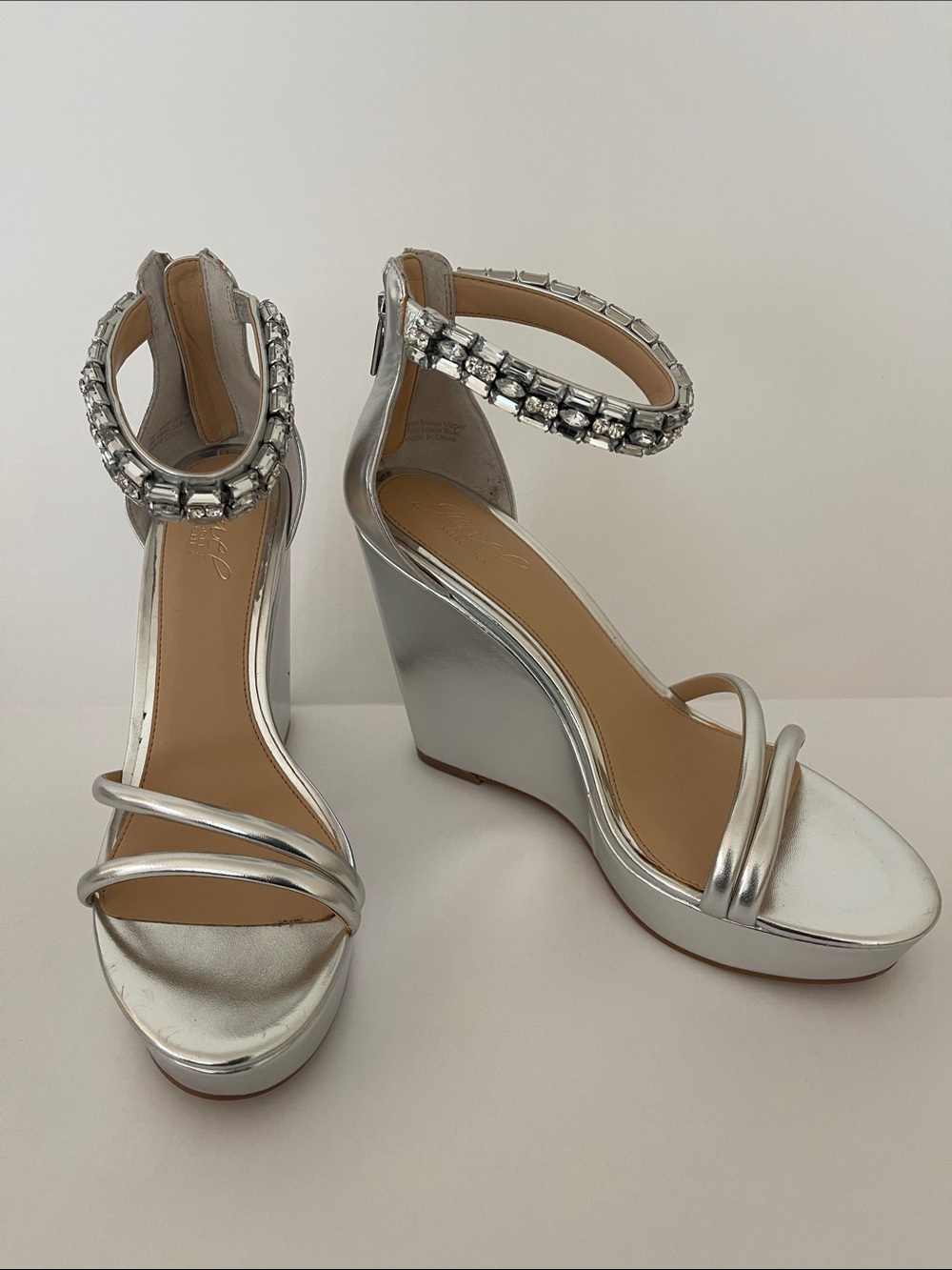 Jewel Badgley Mischka Silver Jeweled Ankle-Strap Wedge Sandals